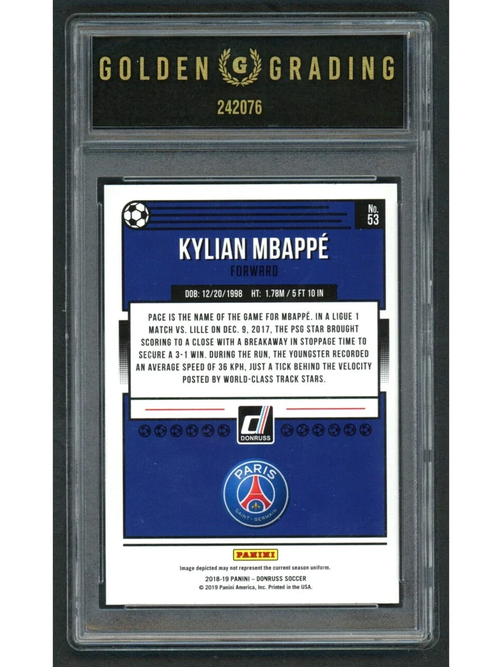 2018-19 Donruss #53 Kylian Mbappe PSG France Rookie  (RC) Graded 10 Gem Mint